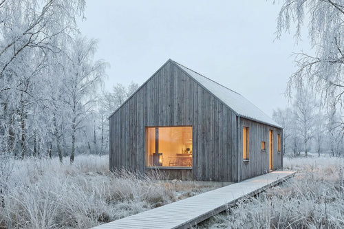 Modern wooden cabin in a snowy forest with warm interior light.