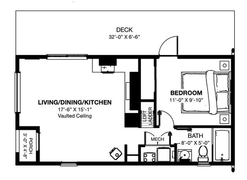 Myka one bedroom with loft floor plan.