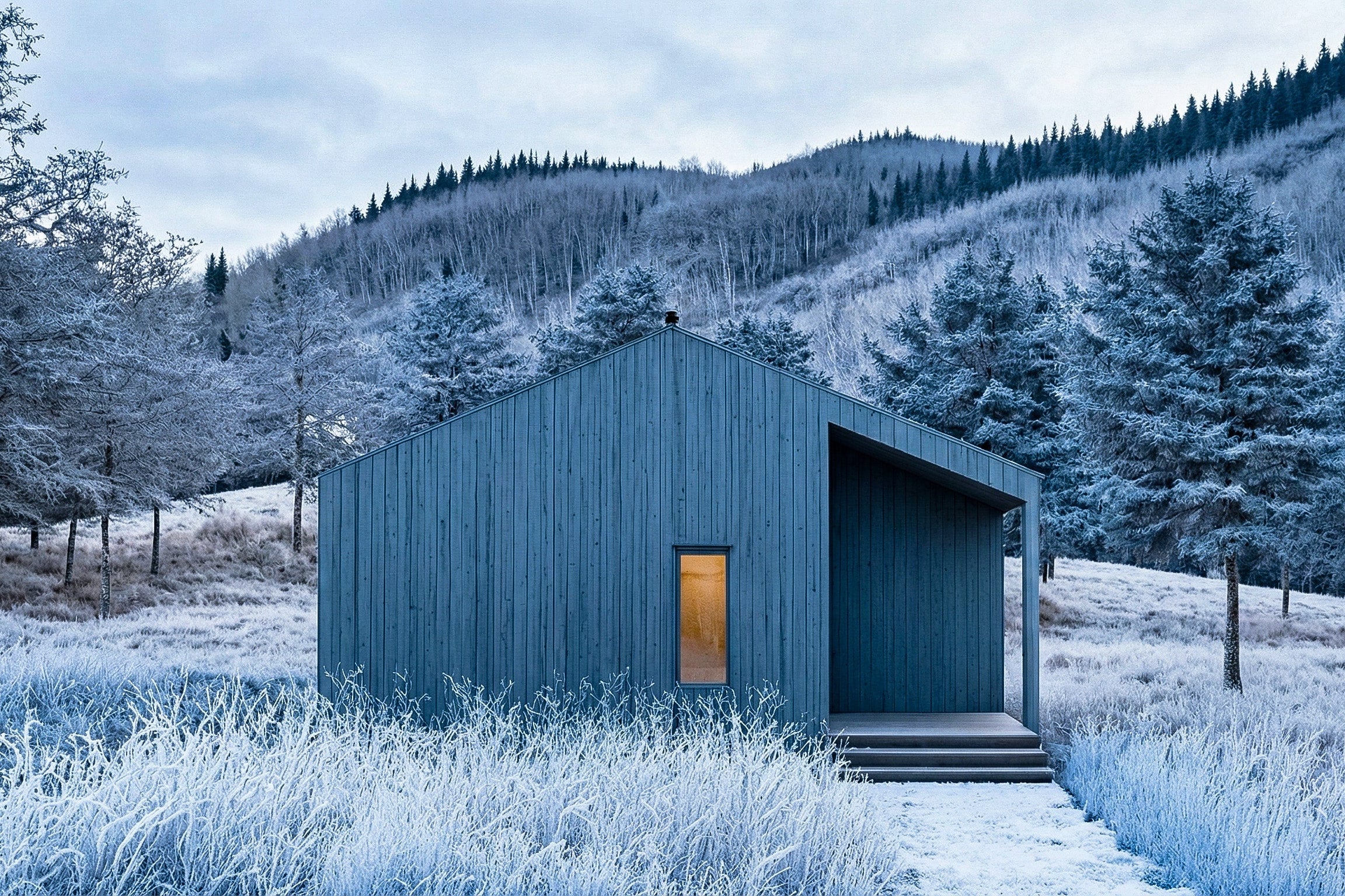 Blue cabin in a snowy landscape with mountains in the background